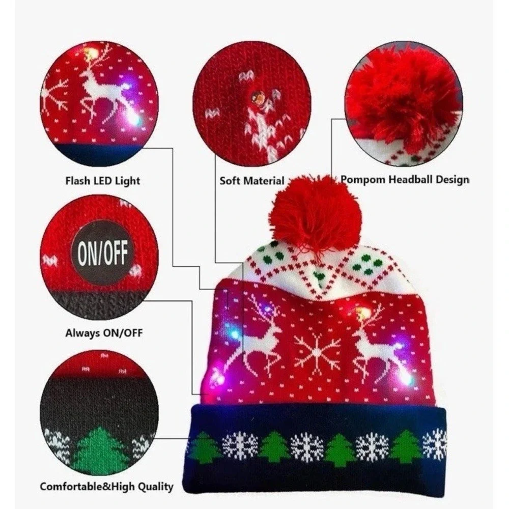2 Pack LED Christmas Light-up Sweater Hats, Colorful Flashing Knitted Beanie